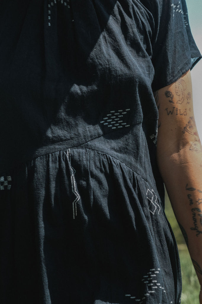 The detailed view of the dress - we can see the honeycomb like patterns hand-stitched into the dress.