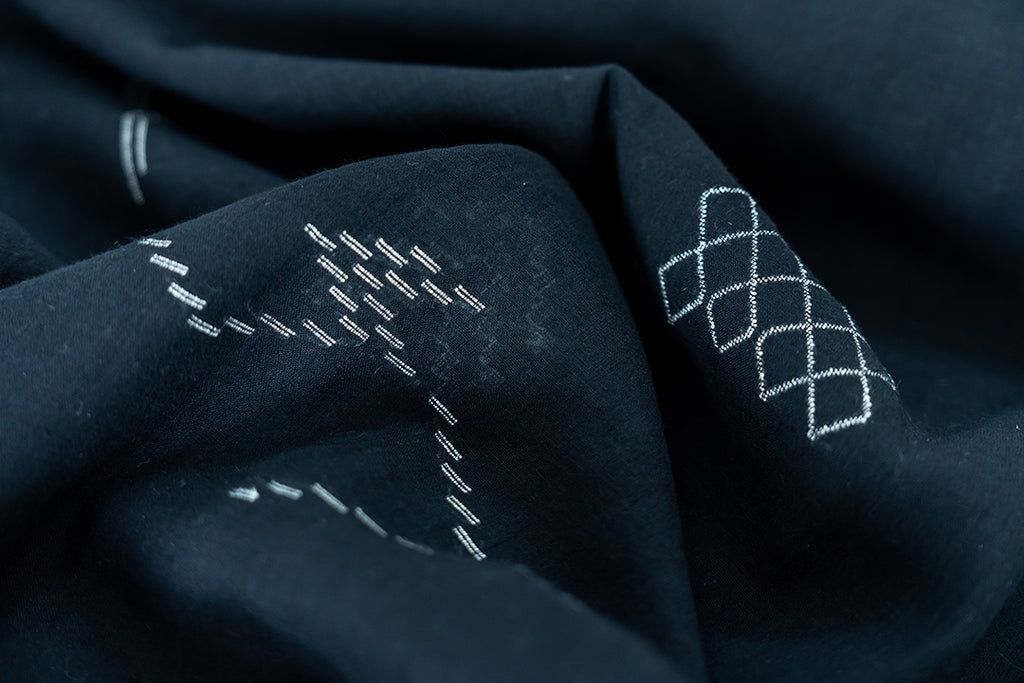 The detailed view of the dress - we can see the honeycomb like patterns hand-stitched into the dress.